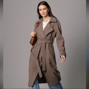 Avec Les Filles Blue and Brown Checkered Trench Coat NWT